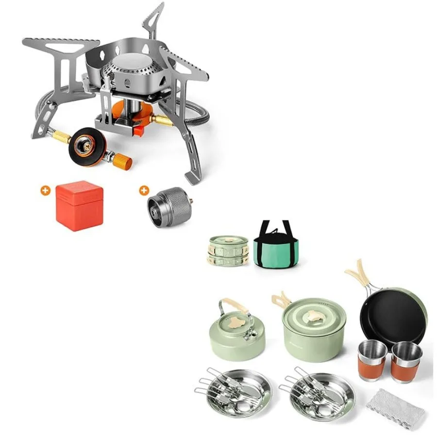 

Bundle - 2 Items 3500W Windproof Camp Stove and Camping Cookware Set