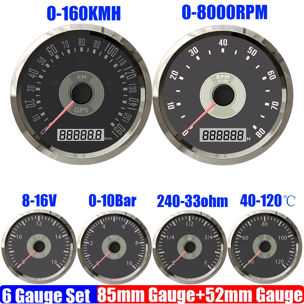 Retro Vintage Classic 6 Gauge Set 85mm GPS Speedometer Gauge Tachometer 52mm Fuel Level Gauge Oil Pressure Meter Water Temp VOLT