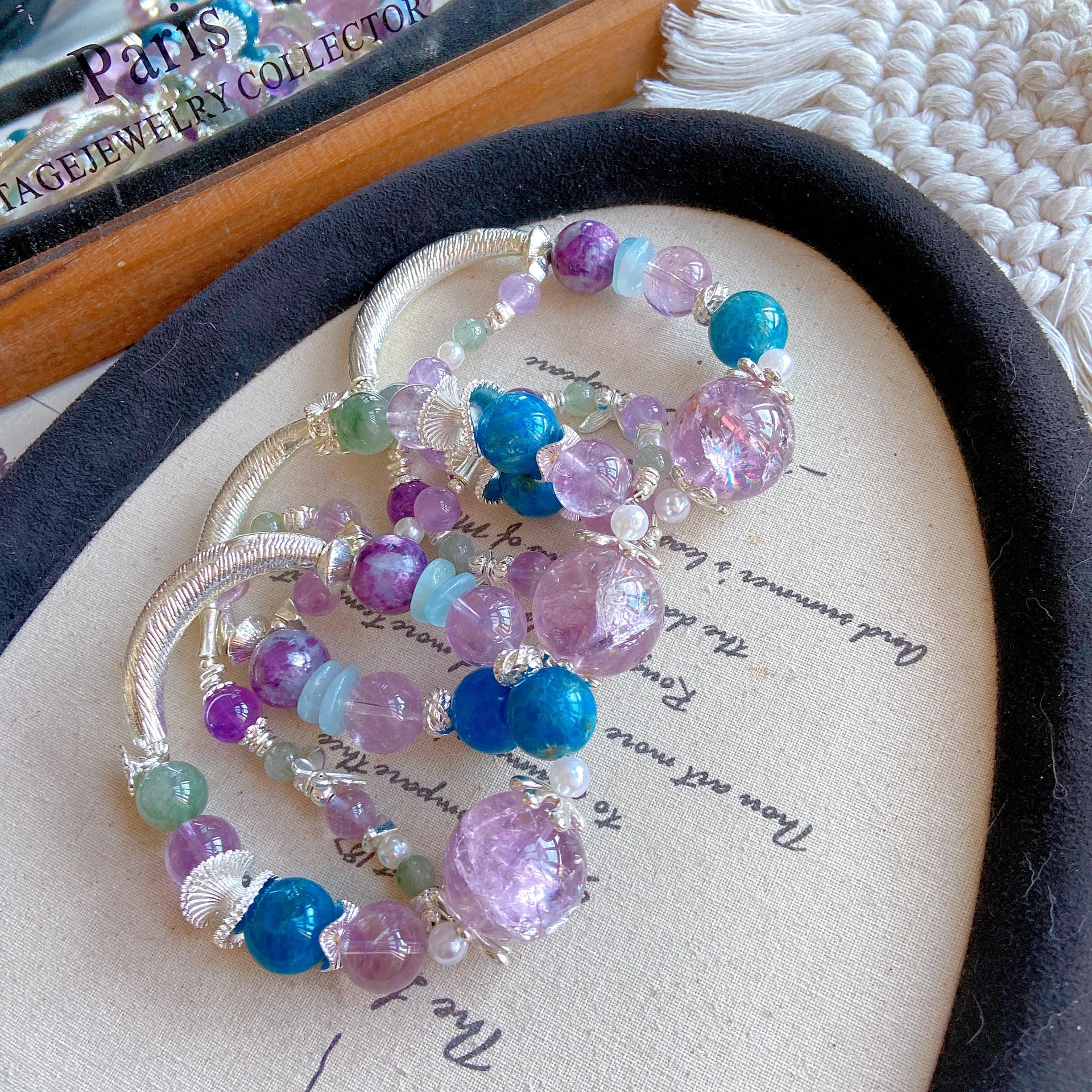 Chinese Style Lucky Blessing Natural Amethyst Azeztulite Blue Kyanite Purple Lepidolite Aquamarine 16mm Crystal Beaded Bracelet