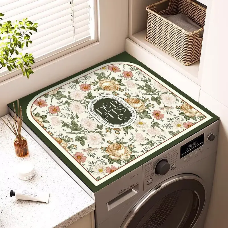 Flowers Washer Dryer Dust Cover Creative Washing Machine Dust Cover Pad Fast Drying Absorbent Protector Mat Laundry Room