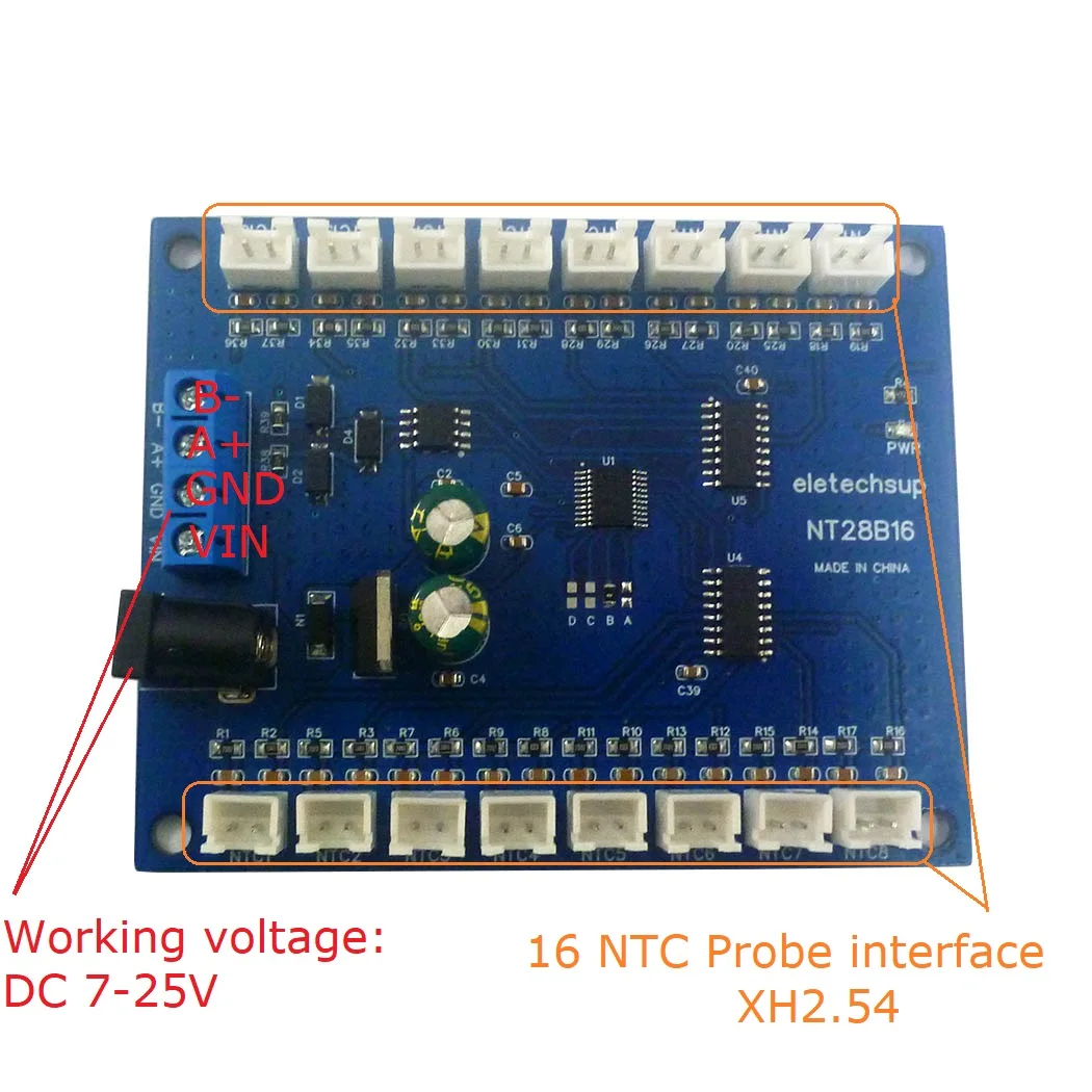 16Ch RS485 collettore di temperatura Modbus RTU registratore senza carta 10K/20K/50K/100K B3950 sensore NTC