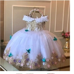 Flower Girl Dress Baby Off Shoulder Pearls Lace Butterflies Infant First Birthday Party Gown Communion Princess Dress