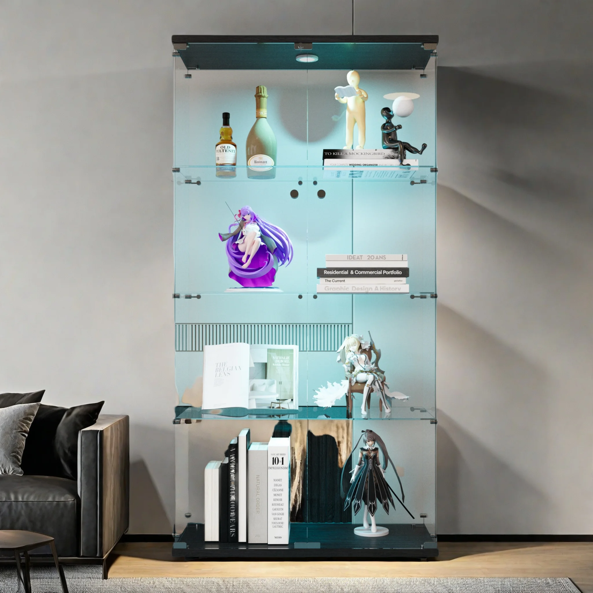 Vitrine d'exposition sur pied Comanlai avec serrure et 2 portes, vitrine en verre transparent pour livres, vins et objets de collection