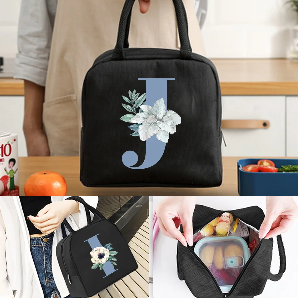 

Lunch Tote Bag with Reinforced Handles Smooth Zipper and Front Pocket Wipeable Inner Blue Letter Pattern for Daily Meal Fashion