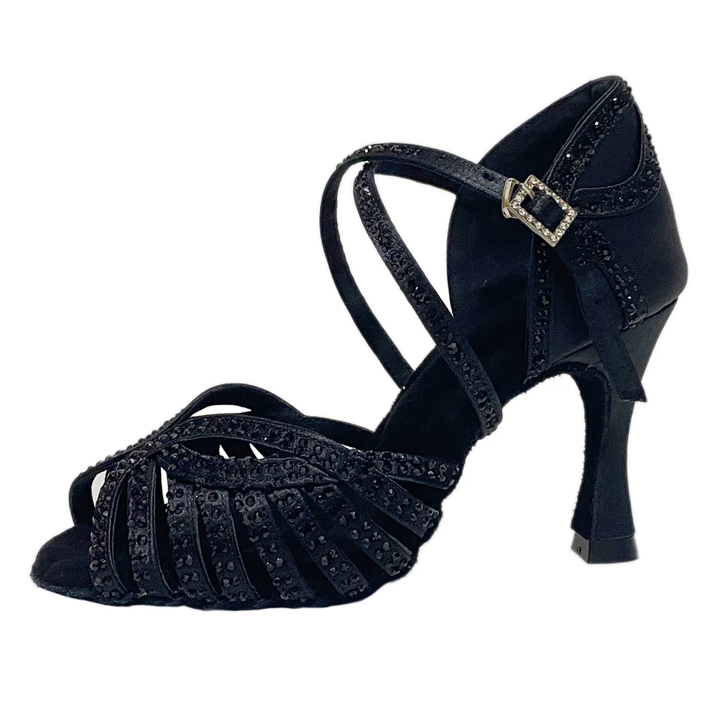 Black Rhinestones Latin Shoes 9.5cm 7cm Heels Women Dance Shoes For Salsa Latin Ballroom Indoor Suede Sole