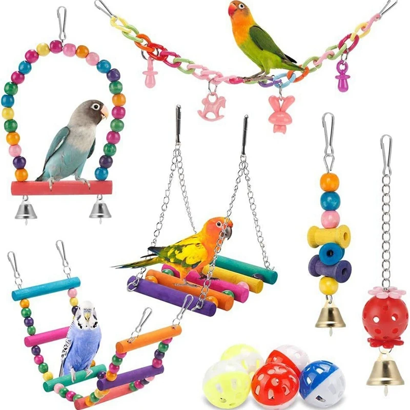 11pcs/13pcs Bird Toy Cage Bird Accessories Wood Parrot Toys Bird Toy Swing Hanging Bridge Ball Cage Bells Pet Supplies Set