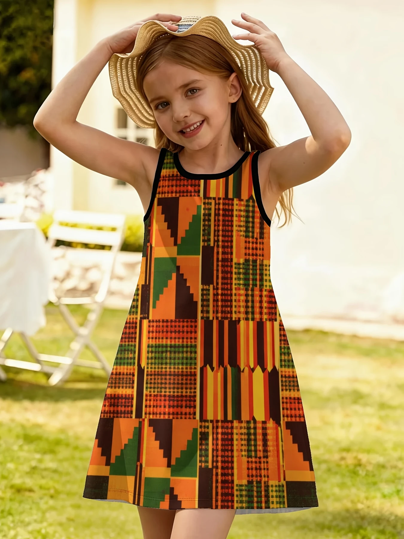 Kids Sleeveless Tank Sundress Ethnic Geometric Block Print Loose A‑Line Knee Length Outfit for Vacation and Casual Summer Wear