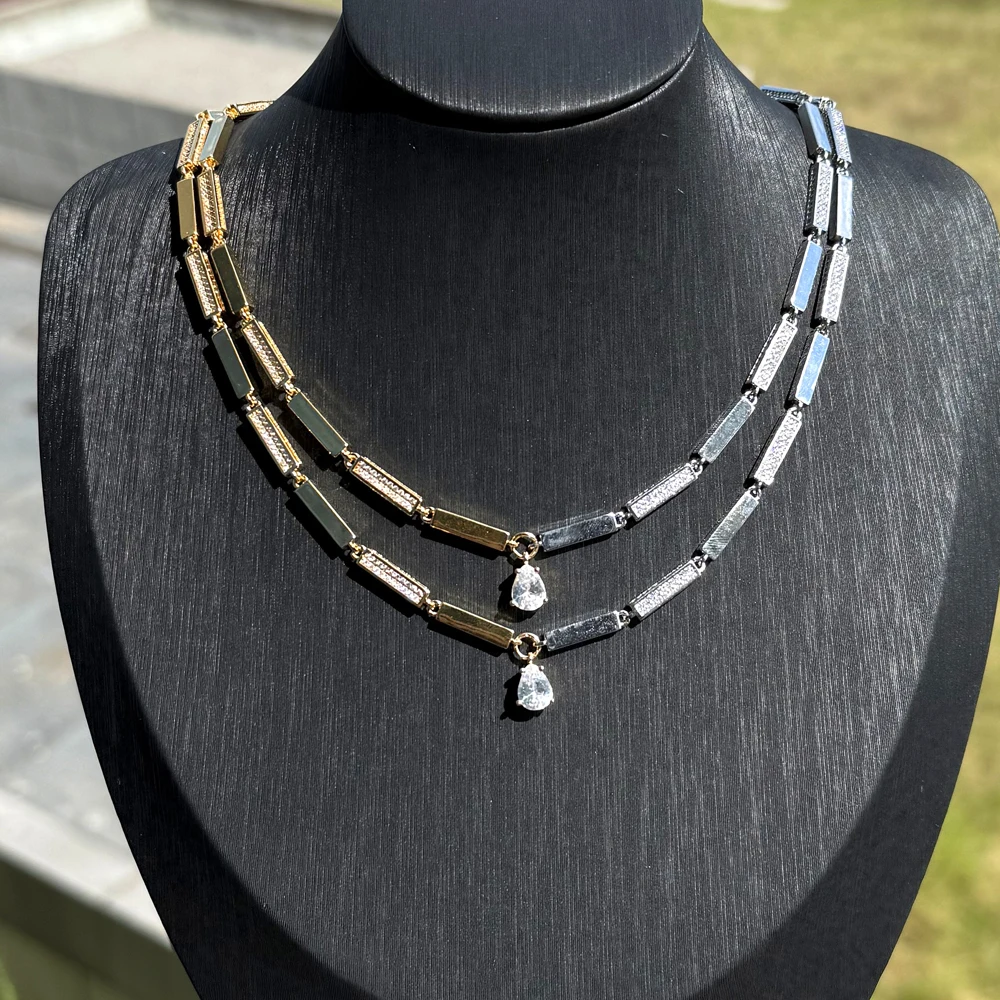2025 NEW fashion two tone Round CZ Geometric Rectangle Bar Charm Tennis Chain Choker Necklace Women Jewelry - Detail 1