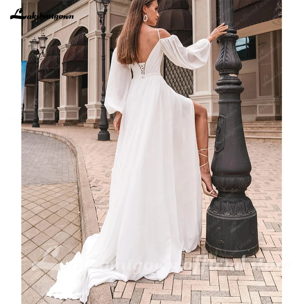 Lakshmigown Een Lijn vrouwen Chiffon Trouwjurken Aangepaste Zijsplit Bruid Toga Boothals Lange Mouwen Vestidos Novias Boda