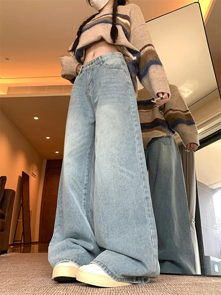 Damskie luźne jeansy vintage w kolorze niebieskim, z wysokim stanem, proste, kowbojskie, spodnie w stylu lat 90., streetwear, casualowe, szerokie nogawki, spodnie dżinsowe Y2K.