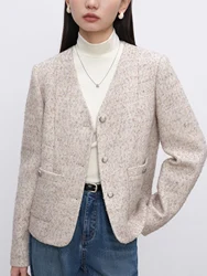 ZIQIAO 14.6% Wool Women Tweed Jacket Temperament V-Neck Female Autumn Short Full Sleeve Single Breasted Wool Coat 24ZQ94201