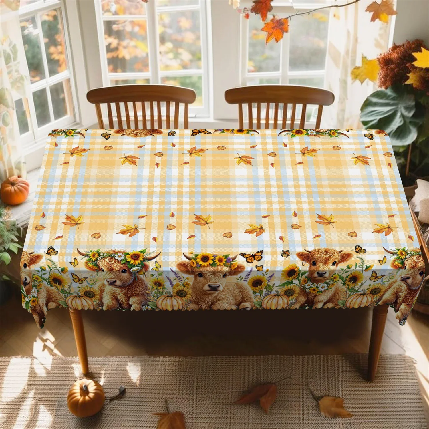 Buffalo Gag Cartoon Cow Flower Butterfly Pumpkin Fall Tablecloth 1 Pack Suitable for Thanksgiving Kitchen Table Yzb