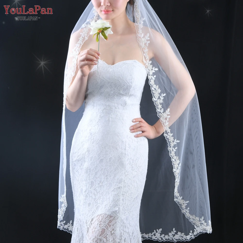 YouLaPan V51 Bridal Veils Wedding Short with Thin Scallop Lace Trim Bridal Illusion Tulle Lace Border Fingertip Veil