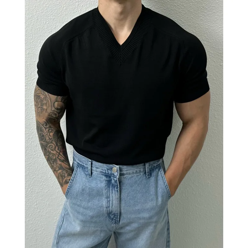 

New Knitted Short Sleeve Men'S Trendy Versatile Summer Thin High-End Solid Color Casual-Shirt