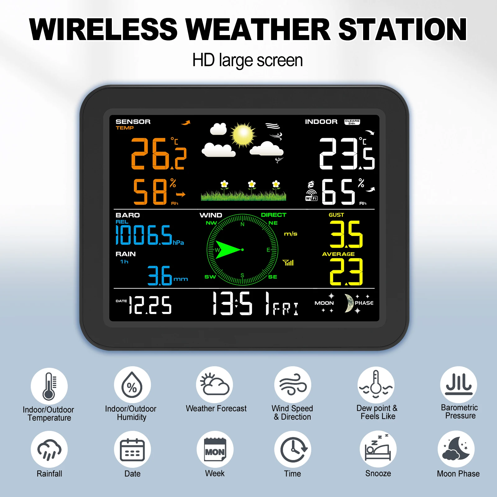 محطة الطقس اللاسلكية 7 في 1 شاشة ملونة عالية الدقة مقياس حرارة داخلي/خارجي مقياس الرطوبة مقياس الرياح والمطر للمنزل