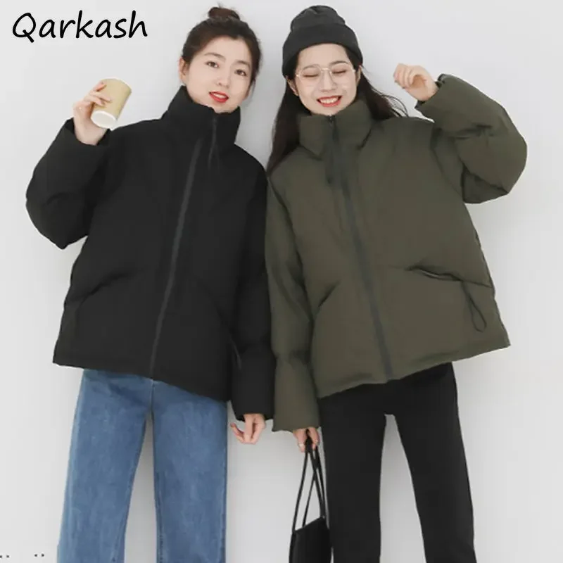 

Short Style Parkas Women Pure Color Pockets Warm Winter Ulzzang All-match Casual Fashion Ladies Student Zipper Clothing Outwear