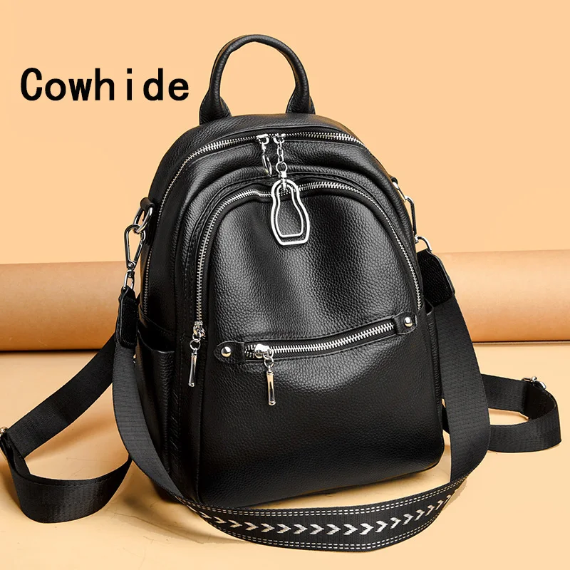 Cowhide Backpack High-Capacity Ladies 2023 Women\'s  School Travel Chest Bag Fashion For Girls Shoulder Bags Black Chest Pack