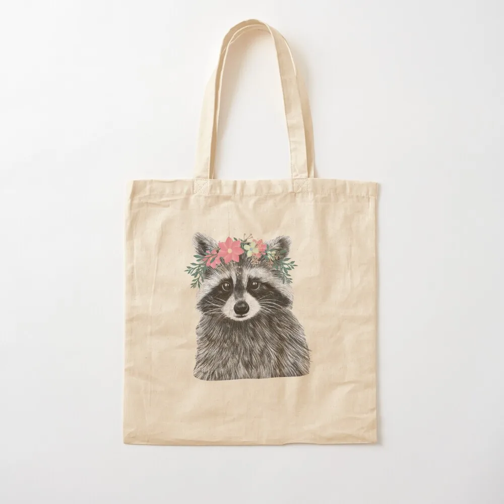 

Raccoon Floral Crown Flowers Funny Cute Animal Raccoon Gift Tote Bag canvas tote woman shopping bag Canvas Tote Bag