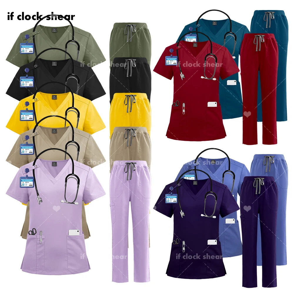 

Scrubs Set Beauty Salon Workwear Medical Uniform Stretch Scrub Tops with Pocket Pants Suit Nurse Uniform Doctor Surgery Overalls