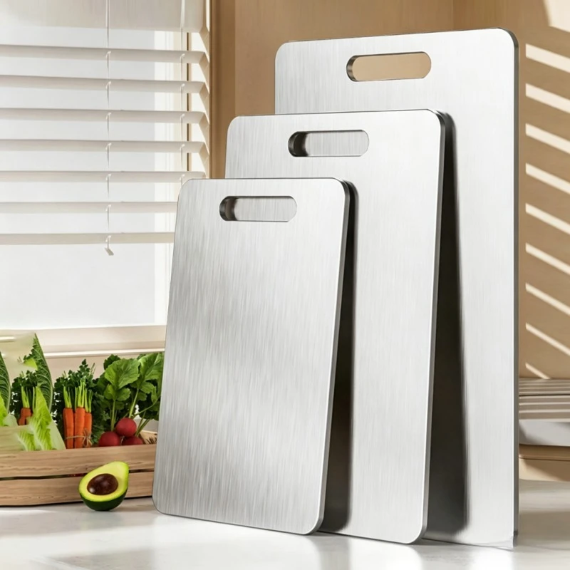 Juego de 3 tablas de cortar de acero inoxidable, tablas de cortar resistentes y aptas para alimentos con asa, bandeja de corte de cocina resistente al óxido para carne, frutas y verduras