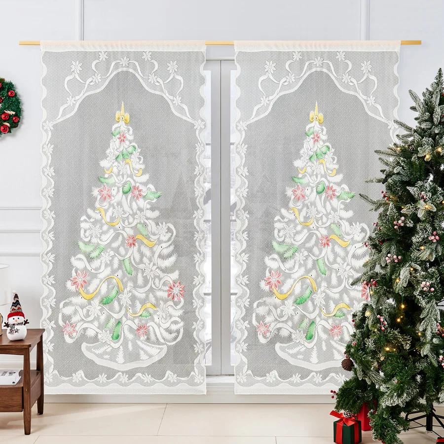 

Christmas Pole Wearing Semi Blackout Curtains Supply Colorful Snowman Christmas Tree Lace Curtains Festive Atmosphere Decoration