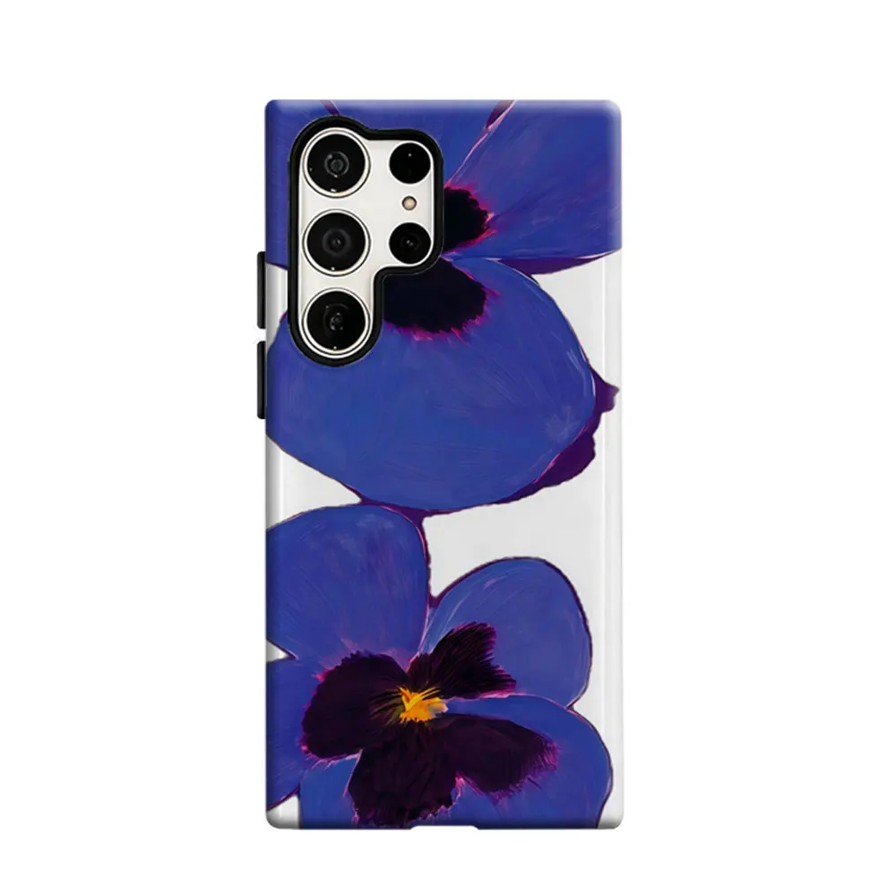 CaseLumi Phone Case For Samsung Galaxy S25 S24 S23 Ultra Plus HD Hard Deep Blue Pansies Double Layer Cover Film Shell