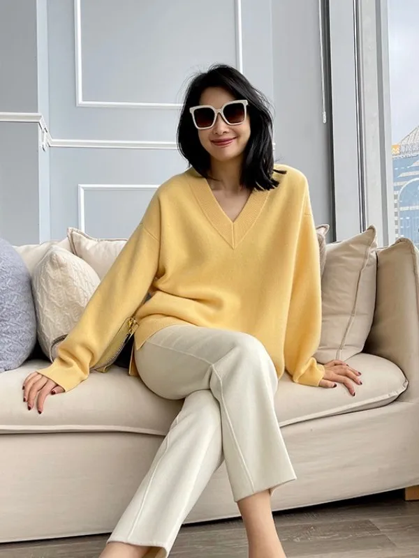 

Высококачественный женский кашемировый свитер с v-образным вырезом, толстый пуловер, свободный свитер, однотонный, Джокер, осенне-зимний свитер