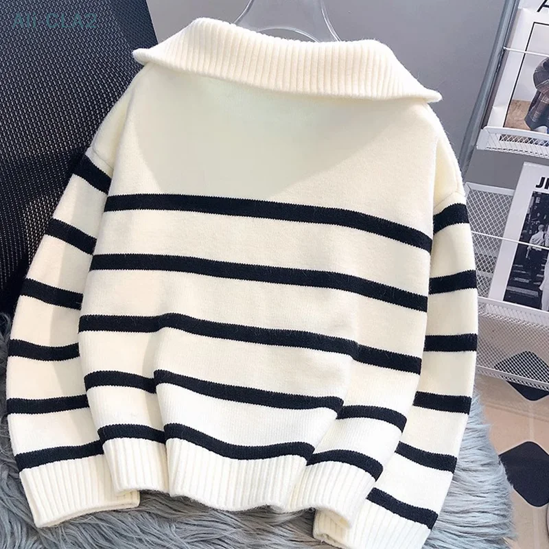 Herbst Winter Mode gestreiften Reiß verschluss Revers Langarm lose lässig Strick pullover für Frauen