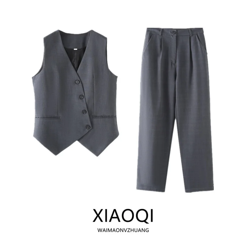 

Модный комплект для похудения с высокой талией без рукавов, весна 2024, однотонный, с пуговицами, жилет и брюки для молодых женщин