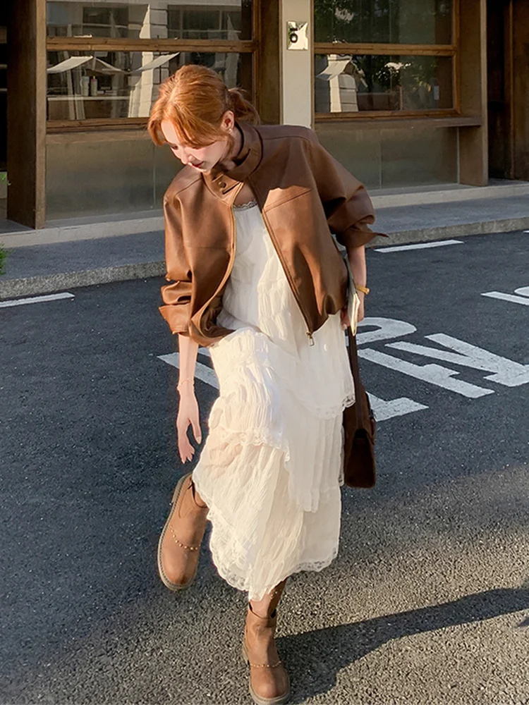 Giacca in Pelle PU Marrone con Colletto Alto Cé Brown, Nuova Collezione Primavera-Autunno 2025, Taglia Piccola, Super Snellente per Donna...