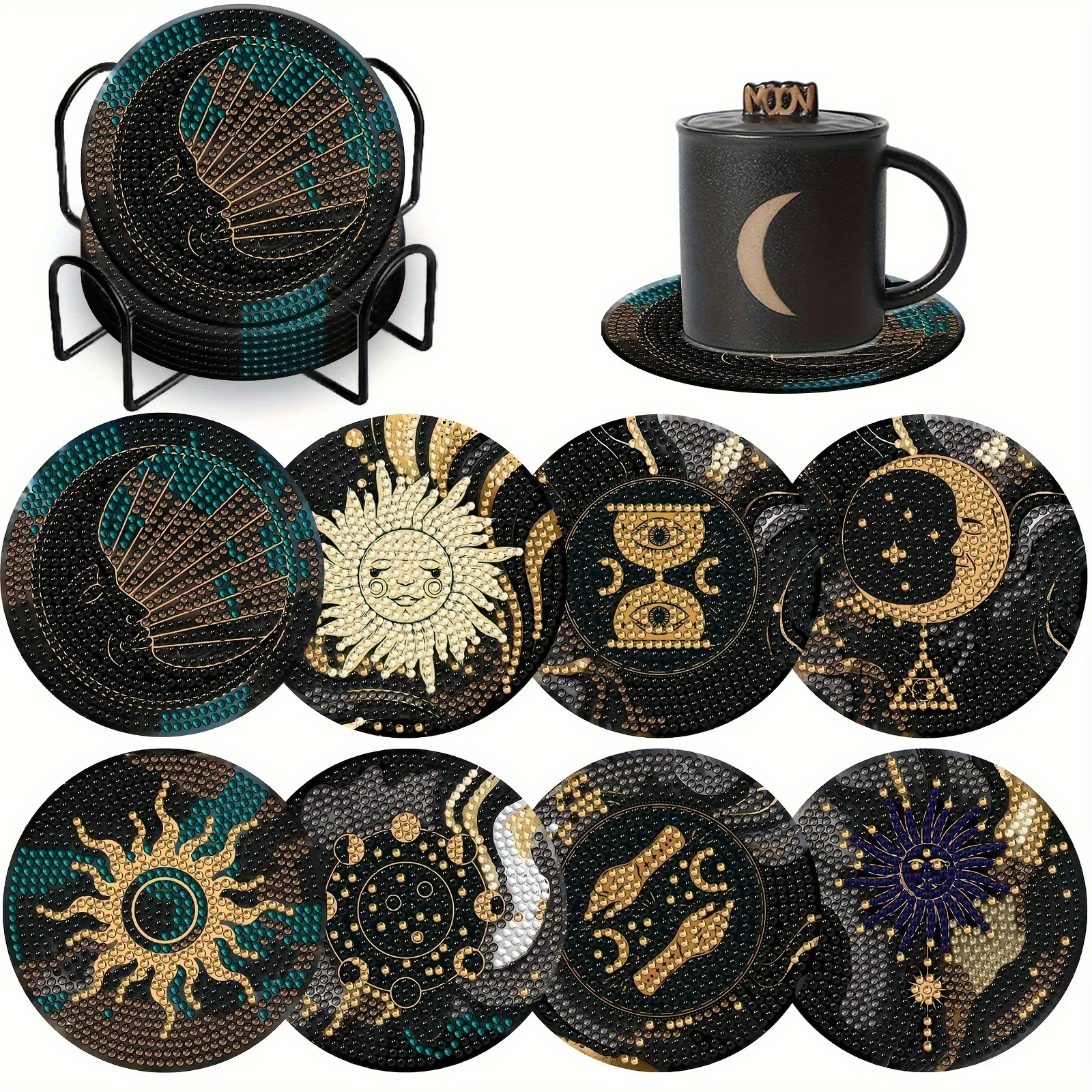 8 mysterious sun and  style  painting coasters with brackets, DIY  art coaster set, suitable for beginner art and craft supplies