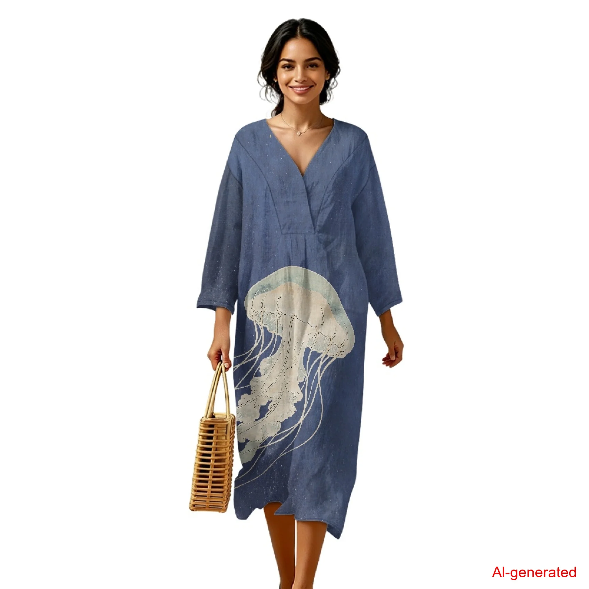 

INSTANTARTS Women's Linen Loose Dress Jellyfish Dress for Women Plus Size Long Sleeve Sundress Oversized Summer Maxi Dresses