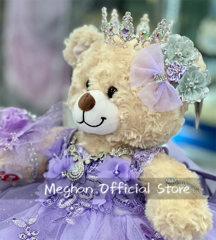 Luxe Paarse Speciale Link Lieverd Gepersonaliseerde Quinceanera Teddybeer Jurken Cape Kralen 3D Bloemen Mini Aangepast