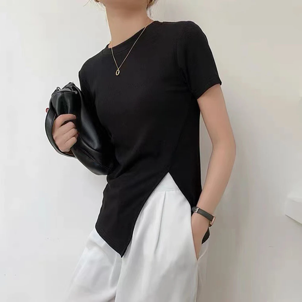 T-shirt da donna a maniche corte estiva casual tinta unita con spacco sull'orlo laterale Tessuto comodo e leggermente elasticizzato