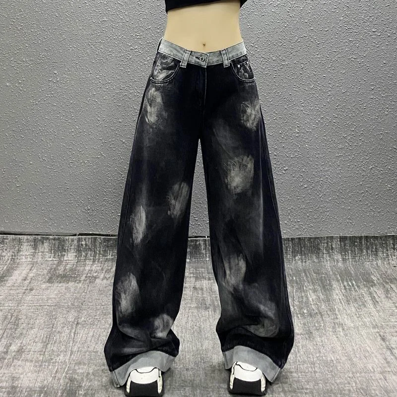 Tie-dye Color-blocked Jeans Women in Early Autumn New High-waisted, Loose and Versatile Design Wide-leg Floor-sliding Pants