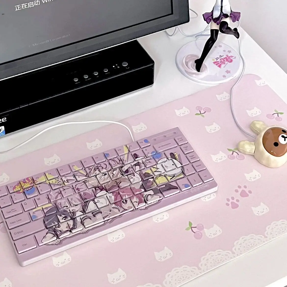 Leather Desk Pad Protector Kitten Cherry Girl Y2KKawaii Board Mouse Pad Office Desk Mat Waterproof Oilproof PU Desk Keyboard Pad