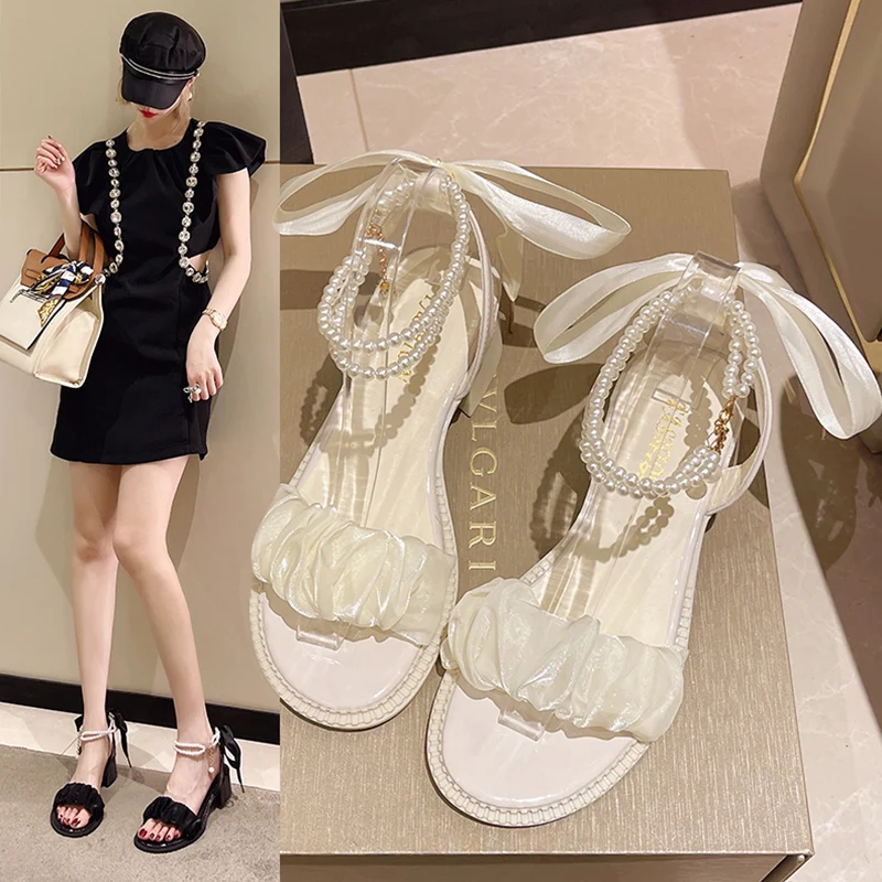 Beige Heeled Sandals Fashion Womens Shoes 2023 Black Luxury New Pearl Lace Up High Retro Laces Clear Comfort Denim Block Girls