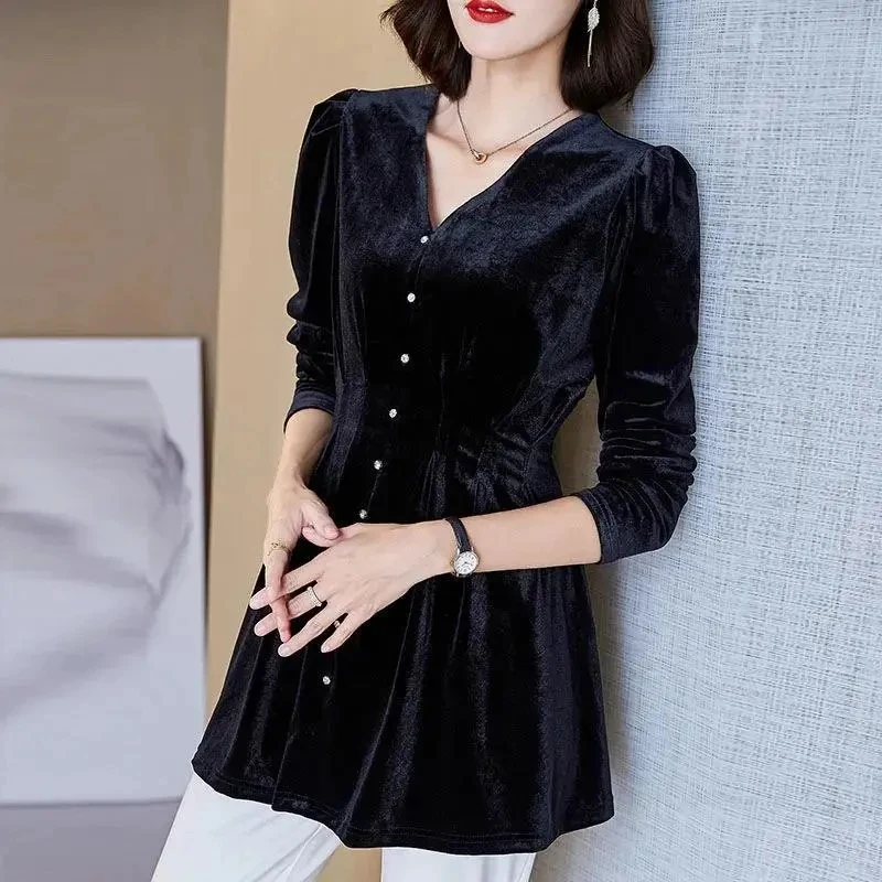 Retro V-neck Gold Velvet Blouses Elegant Womens 2022 Spring Autumn New Plus Size Clothing Loose Single-breasted Shirts Women