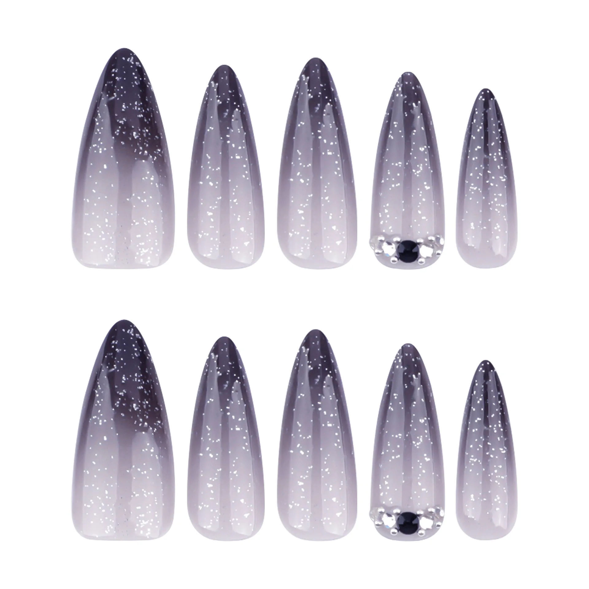 Faux Ongles Stiletto à Pression N64.24 Pièces, Long, Dégradé Noir, Style Français, Paillettes Flash, Nai Diamant, Décoration pour Fille Chaude, Y2k