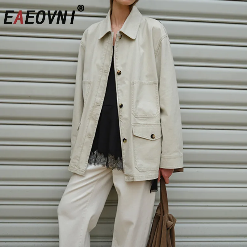 

EAEOVNI Fashion Solid Color Women Jacket Vintage Style Lapel Button Long Sleeve Pockets Outerwear Coat 2025 Autumn New Clothing
