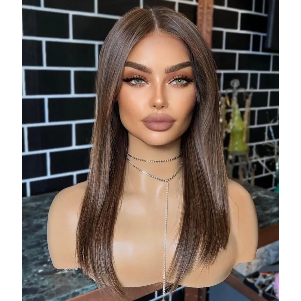 

26Inch Free Part Brown Straight Long Glueless 180Density Lace 5x5 Silk Base Human Hair Wig For Women BabyHair Preplucked