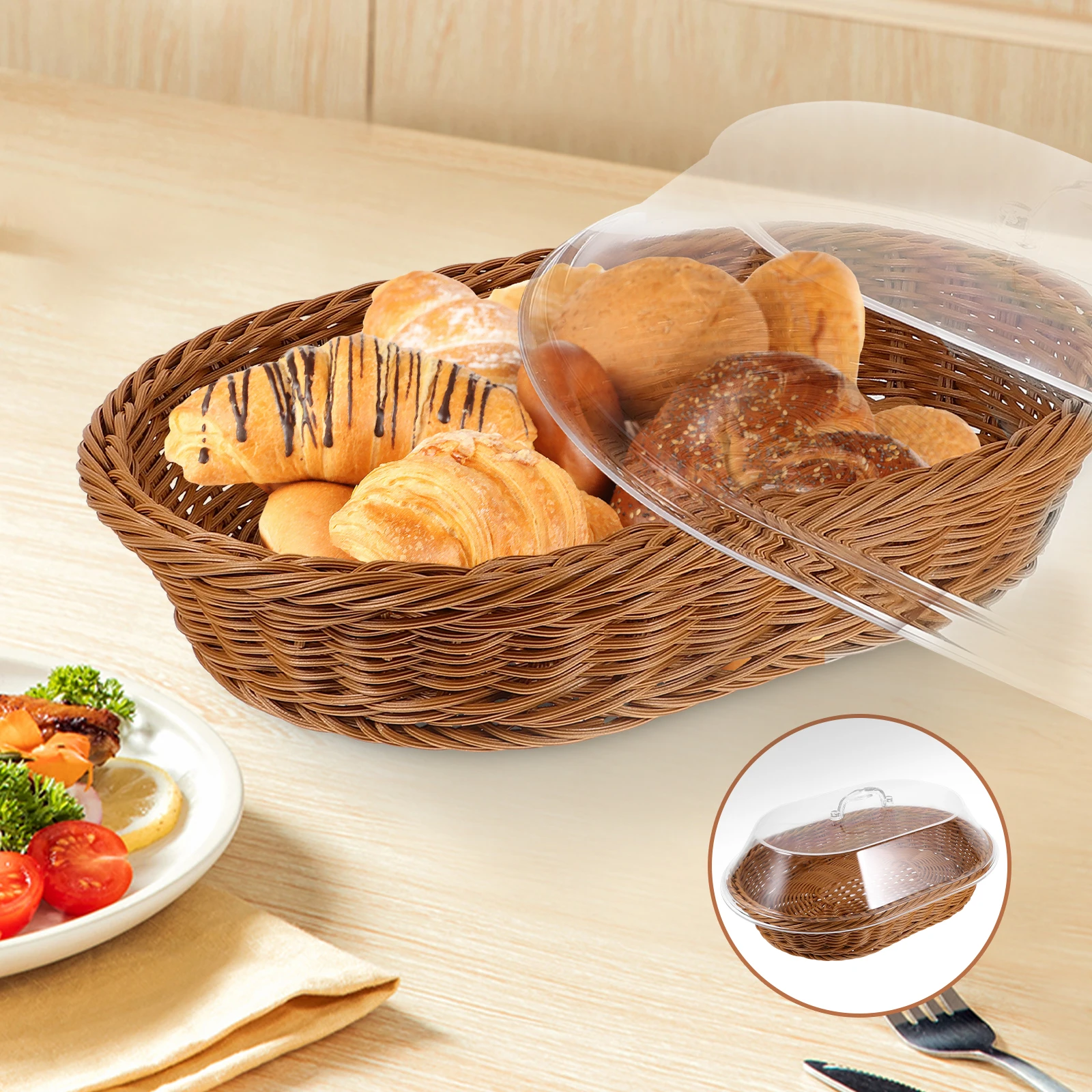 

Food Fresh-keeping Basket 36cm Transparent Lid Woven Bread Baskets Fruit Storage Tray Coffee Table Snack Organizer Kitchen