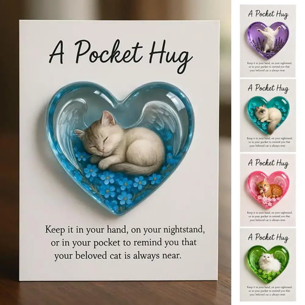 6*3cm Cat Memorial Pocket Hug With Inspirational Card Emotional Support Heart-Shaped Sleeping Cat Charm Decoration Cat Owners