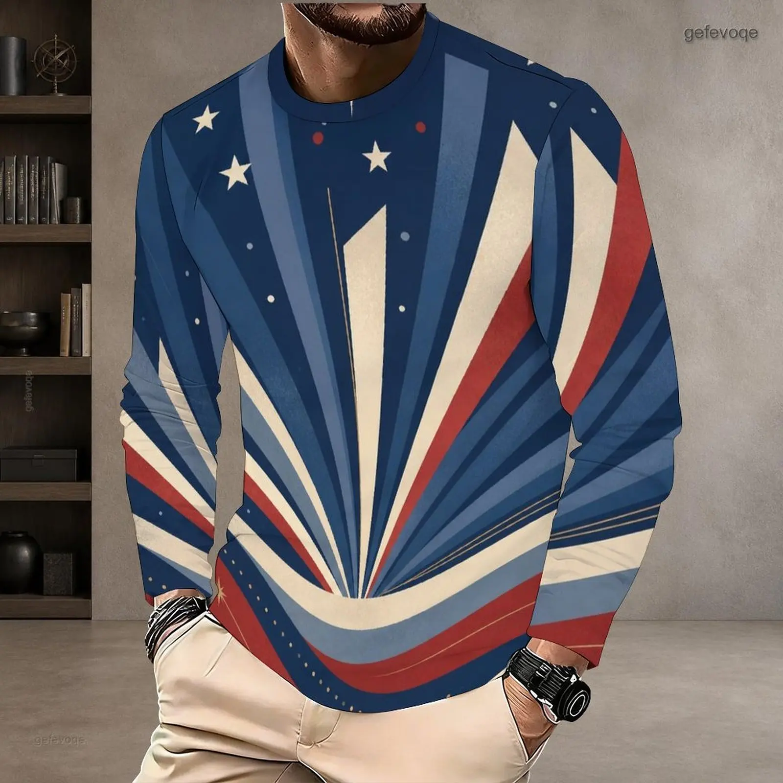 Men Printed Round Neck Long Sleeve T-Shirt, Red Blue White Star Radial Stripe Casual Pullover Top