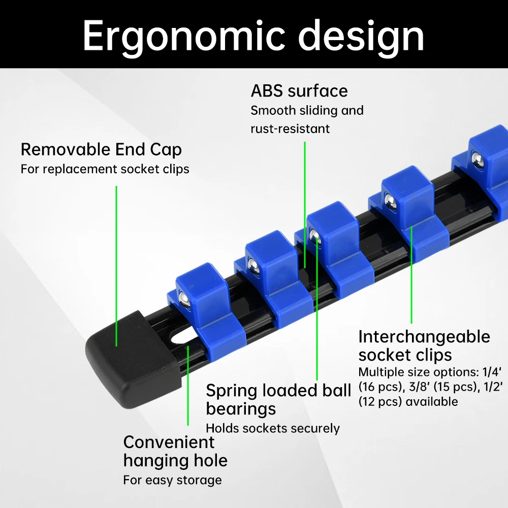 EvaluDrive-Support de rail de clip de douille, qualité supérieure, 1/2 pouces x 12 clips, 3/8 pouces x 15 clips, 1/4 pouces x 16 clips