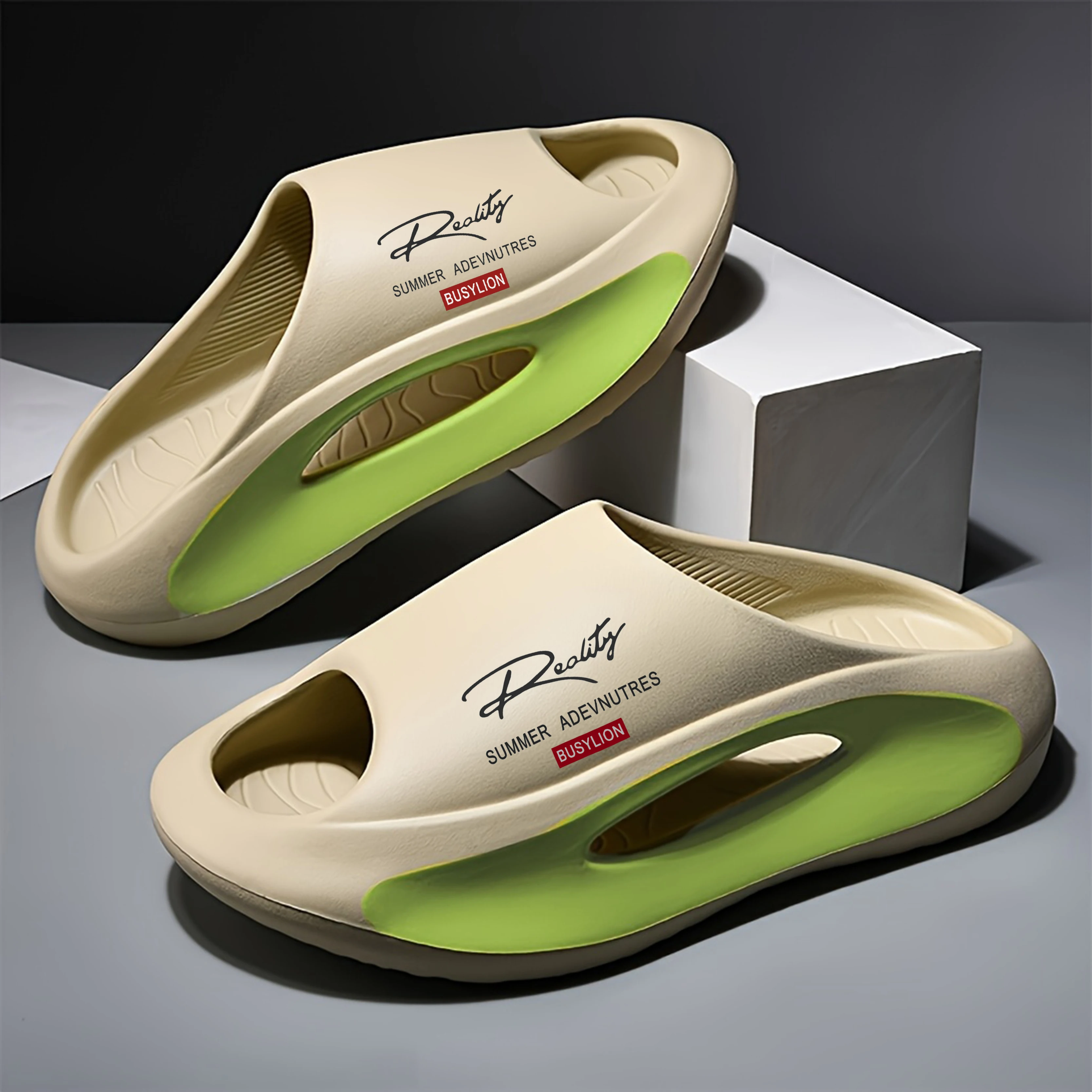 BUSYLION Women's Thick Sole Slide Sandals, Letter Print Slip-On Slippers, Color-Block Open-Toe House Shoes, Non-Slip Elevated Fl image 3