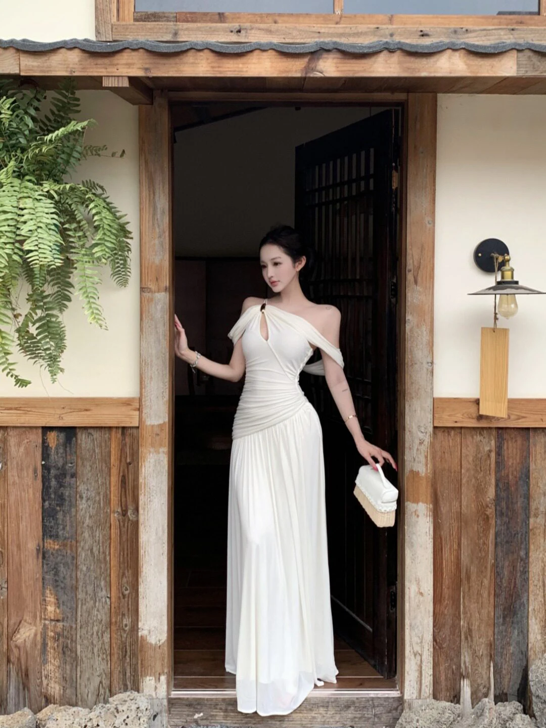

Sexy Pure Desire Style Asymmetrical Shoulder Dress Women's Summer High-End Holiday Elegant Beautiful Long Dress Gown