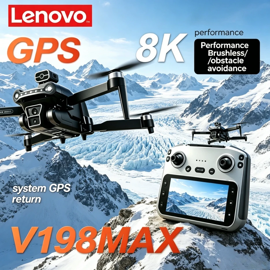 레노버 V198MAX 드론 8K HD GPS 5G WIFI FPV 접이식 쿼드콥터 브러시리스 모터 레이저 장애물 회피 광학 흐름 포지셔닝
