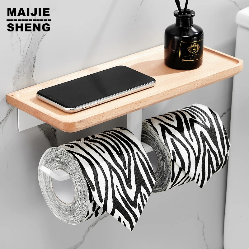 

White Double Wooden Paper Holder with Phone Shelf WC Paper Towel Storage Tissue Roll Rack for Kitchen Toilet Bathroom