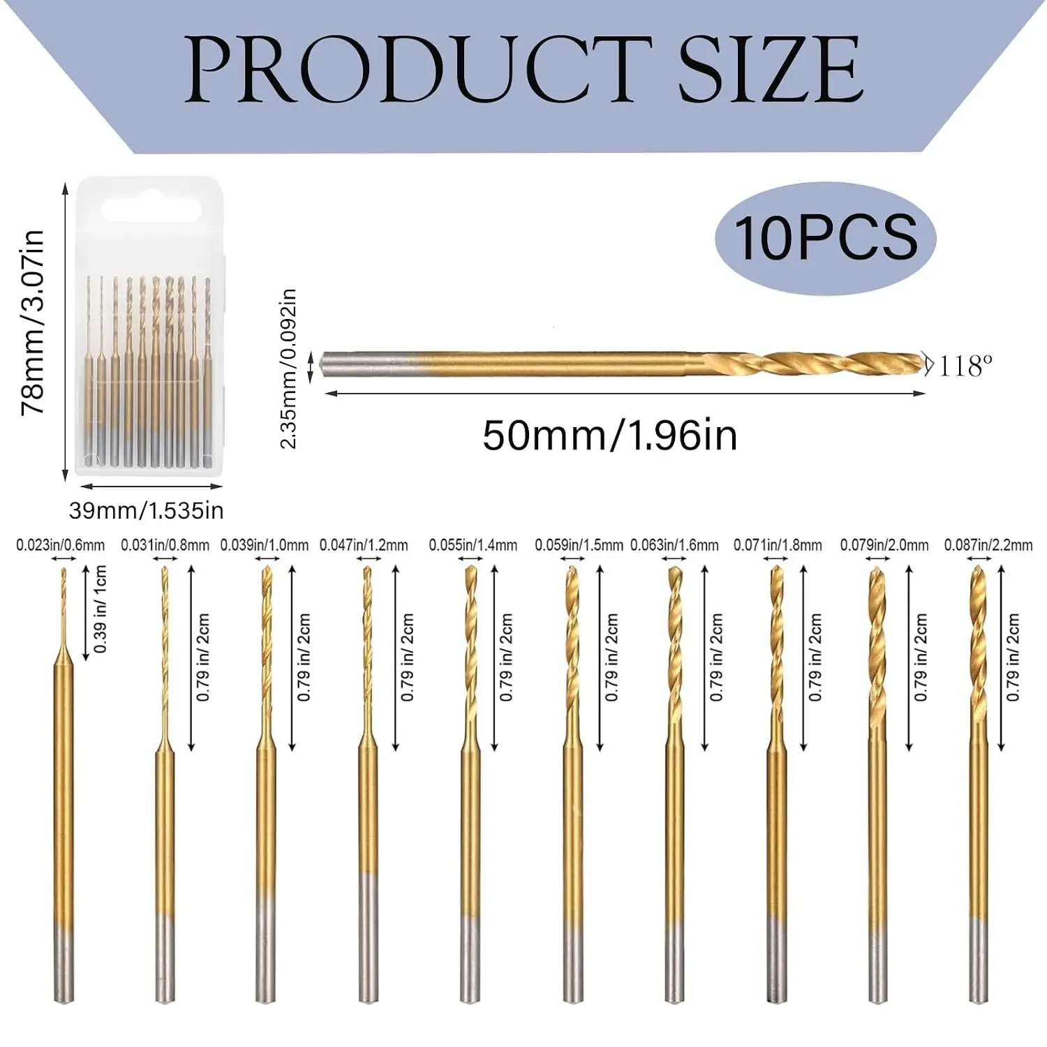 10Pcs Mini Twist Drill Bits, 2.35mm Shank 0.6-2.2mm Titanium Micro Drills, Precision Bits for Wood Resin Jewelry DIY Crafts